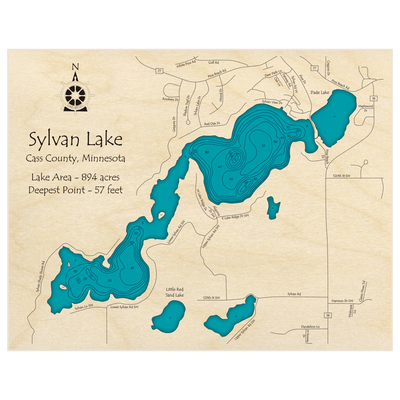 Bathymetric topo map of Sylvan Lake with roads, towns and depths noted in blue water