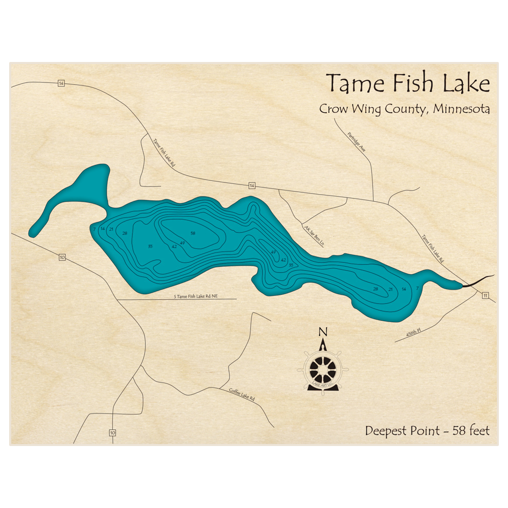 Bathymetric topo map of Tame Fish Lake with roads, towns and depths noted in blue water