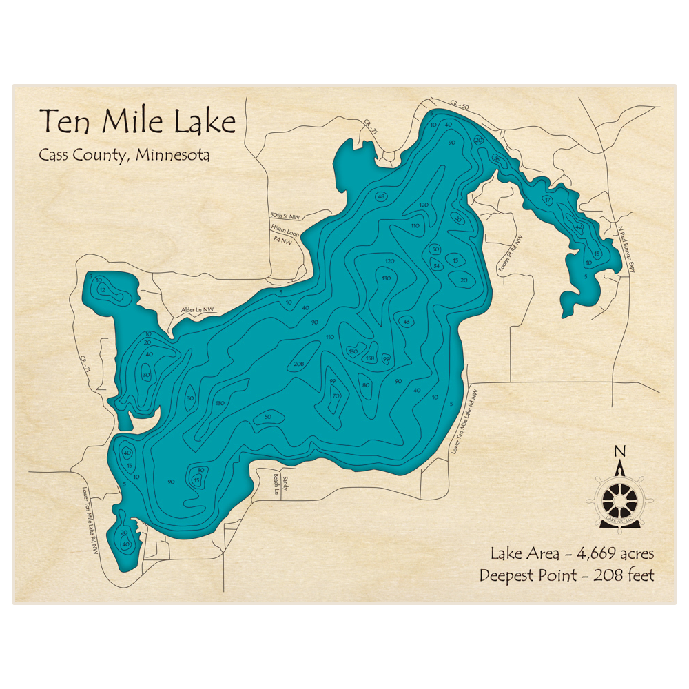 Bathymetric topo map of Ten Mile Lake with roads, towns and depths noted in blue water