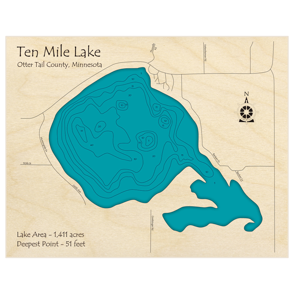 Bathymetric topo map of Ten Mile Lake with roads, towns and depths noted in blue water