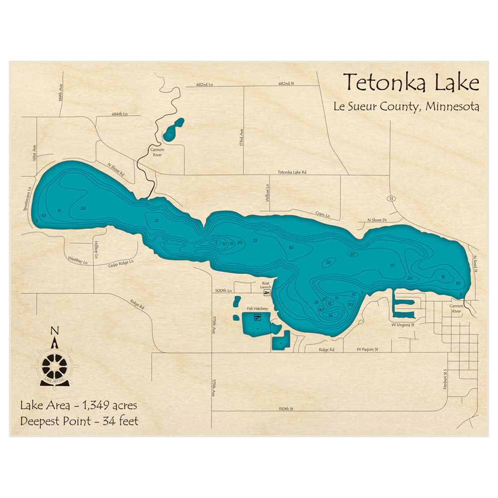 Bathymetric topo map of Tetonka Lake with roads, towns and depths noted in blue water