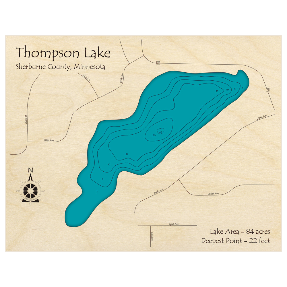 Bathymetric topo map of Thompson Lake with roads, towns and depths noted in blue water