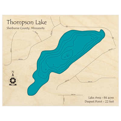 Bathymetric topo map of Thompson Lake with roads, towns and depths noted in blue water