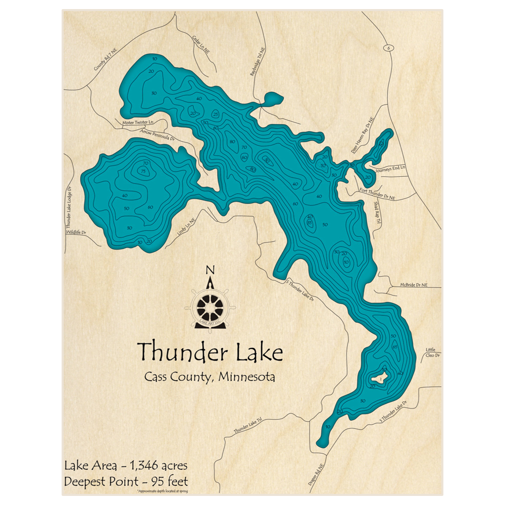 Bathymetric topo map of Thunder Lake with roads, towns and depths noted in blue water