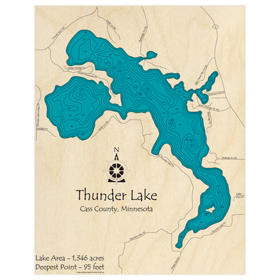 Bathymetric topo map of Thunder Lake with roads, towns and depths noted in blue water