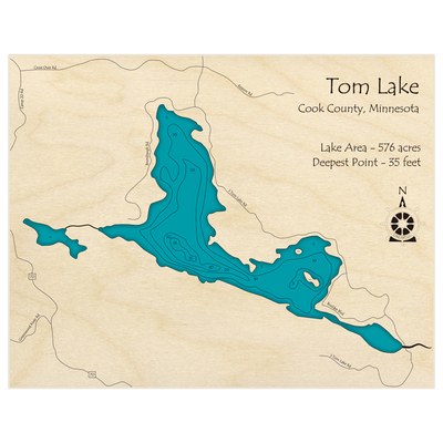 Bathymetric topo map of Tom Lake with roads, towns and depths noted in blue water