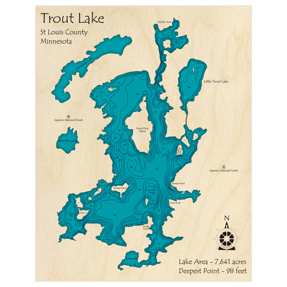 Bathymetric topo map of Trout Lake with roads, towns and depths noted in blue water