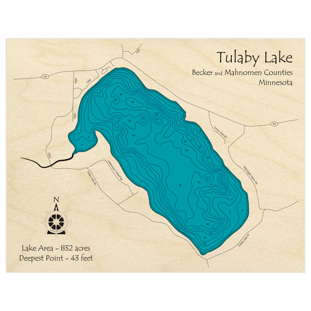 Bathymetric topo map of Tulaby Lake with roads, towns and depths noted in blue water