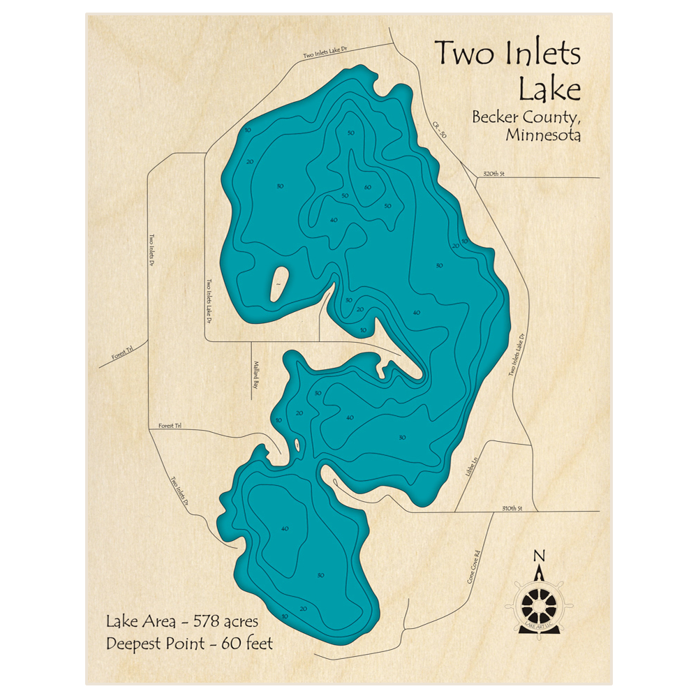 Bathymetric topo map of Two Inlets Lake with roads, towns and depths noted in blue water