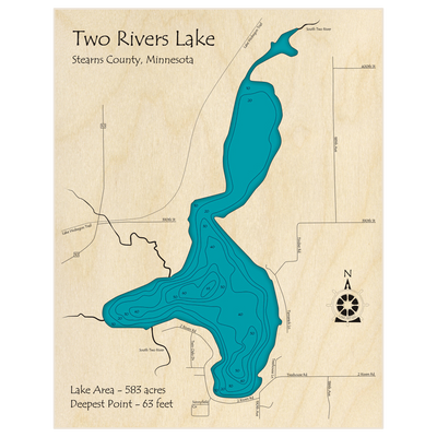 Bathymetric topo map of Two Rivers Lake with roads, towns and depths noted in blue water