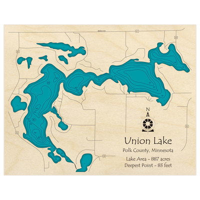 Bathymetric topo map of Union Lake with roads, towns and depths noted in blue water