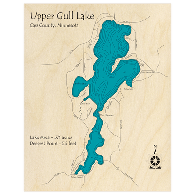 Bathymetric topo map of Upper Gull Lake with roads, towns and depths noted in blue water