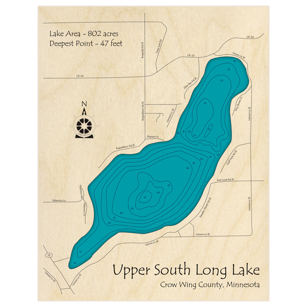 Bathymetric topo map of Upper South Long Lake with roads, towns and depths noted in blue water