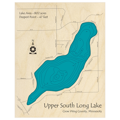 Bathymetric topo map of Upper South Long Lake with roads, towns and depths noted in blue water