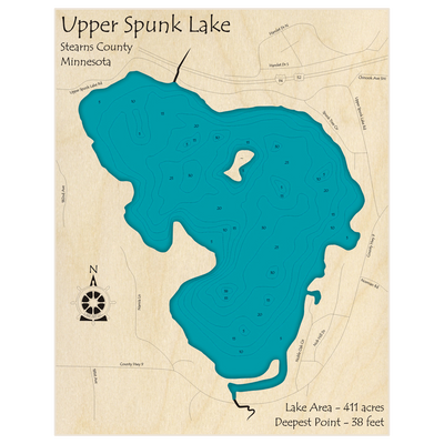 Bathymetric topo map of Upper Spunk Lake with roads, towns and depths noted in blue water