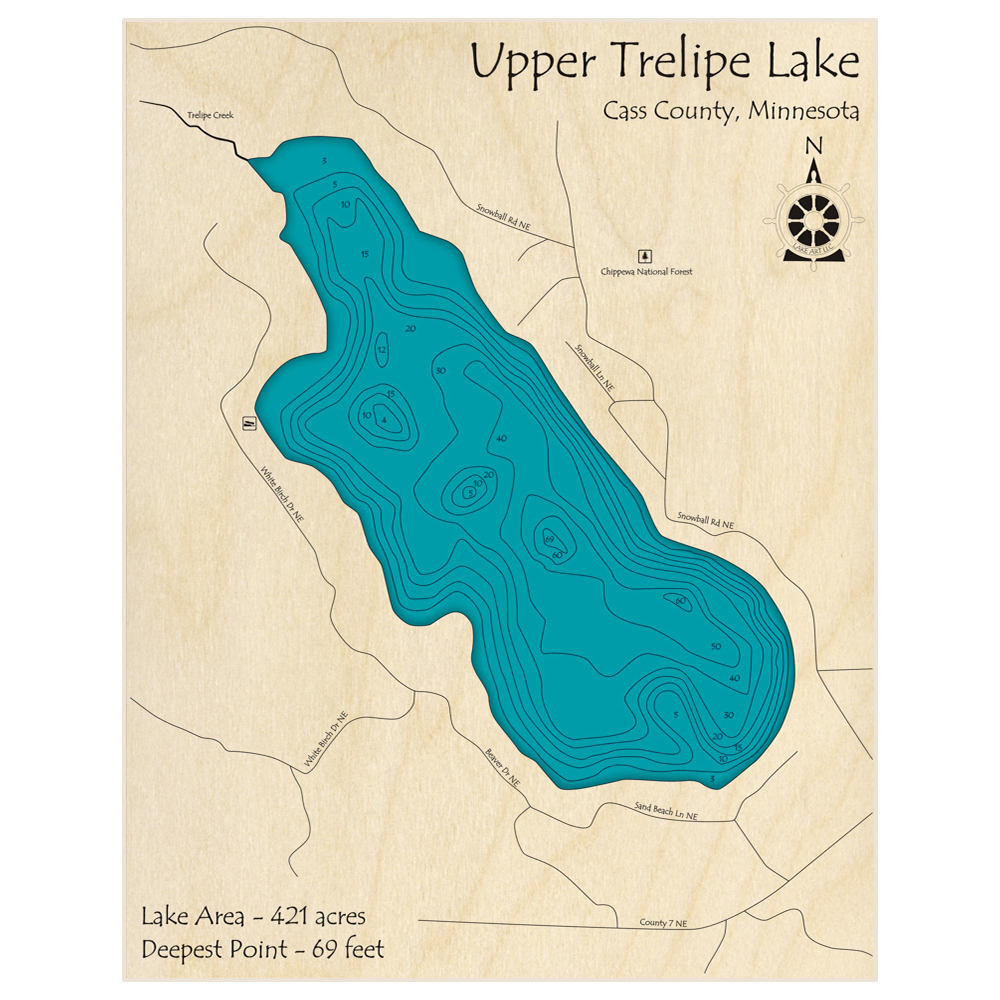 Bathymetric topo map of Upper Trelipe Lake with roads, towns and depths noted in blue water