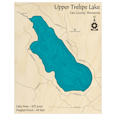 Bathymetric topo map of Upper Trelipe Lake with roads, towns and depths noted in blue water