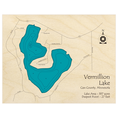 Bathymetric topo map of Vermillion Lake with roads, towns and depths noted in blue water