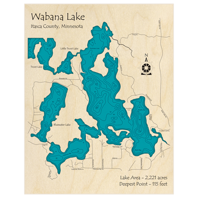 Bathymetric topo map of Wabana Lake with roads, towns and depths noted in blue water