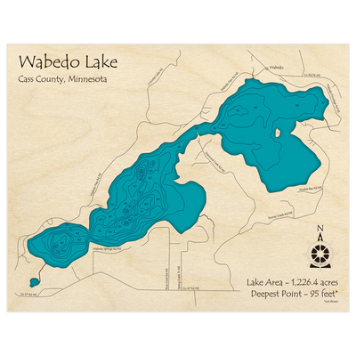 Bathymetric topo map of Wabedo Lake with roads, towns and depths noted in blue water