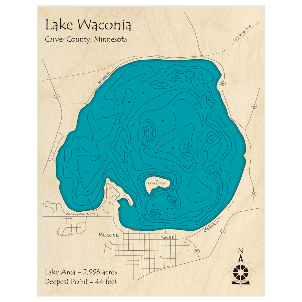 Bathymetric topo map of Lake Waconia with roads, towns and depths noted in blue water