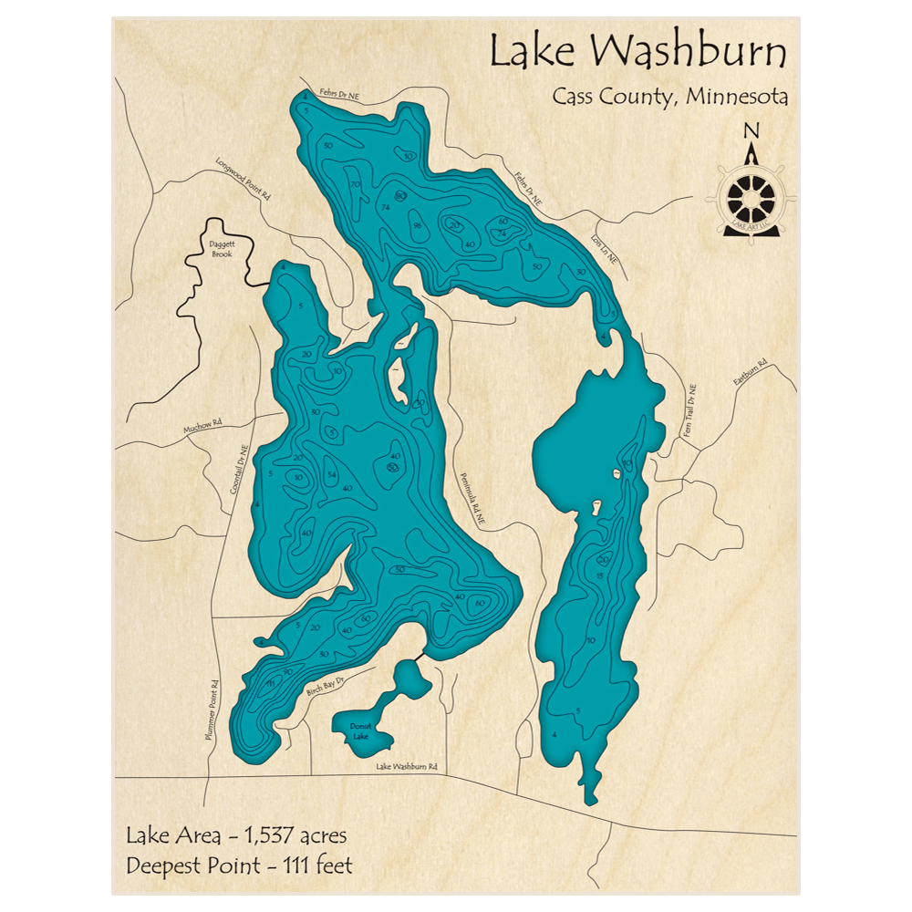 Bathymetric topo map of Washburn Lake with roads, towns and depths noted in blue water