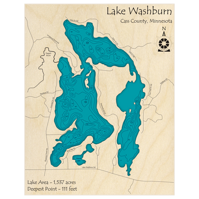 Bathymetric topo map of Washburn Lake with roads, towns and depths noted in blue water