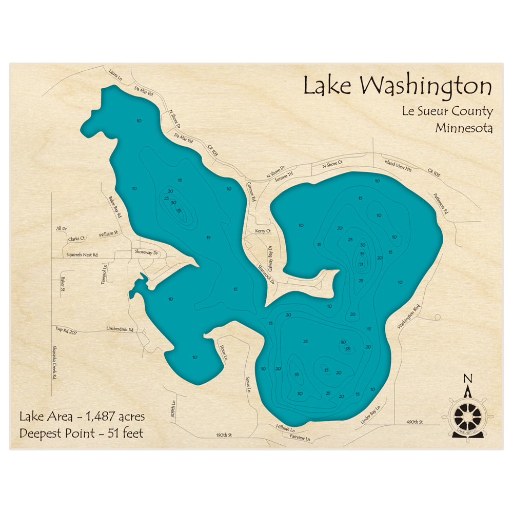 Bathymetric topo map of Lake Washington with roads, towns and depths noted in blue water