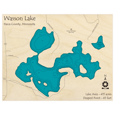 Bathymetric topo map of Wasson Lake with roads, towns and depths noted in blue water