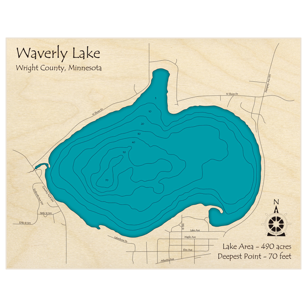 Bathymetric topo map of Waverly Lake with roads, towns and depths noted in blue water