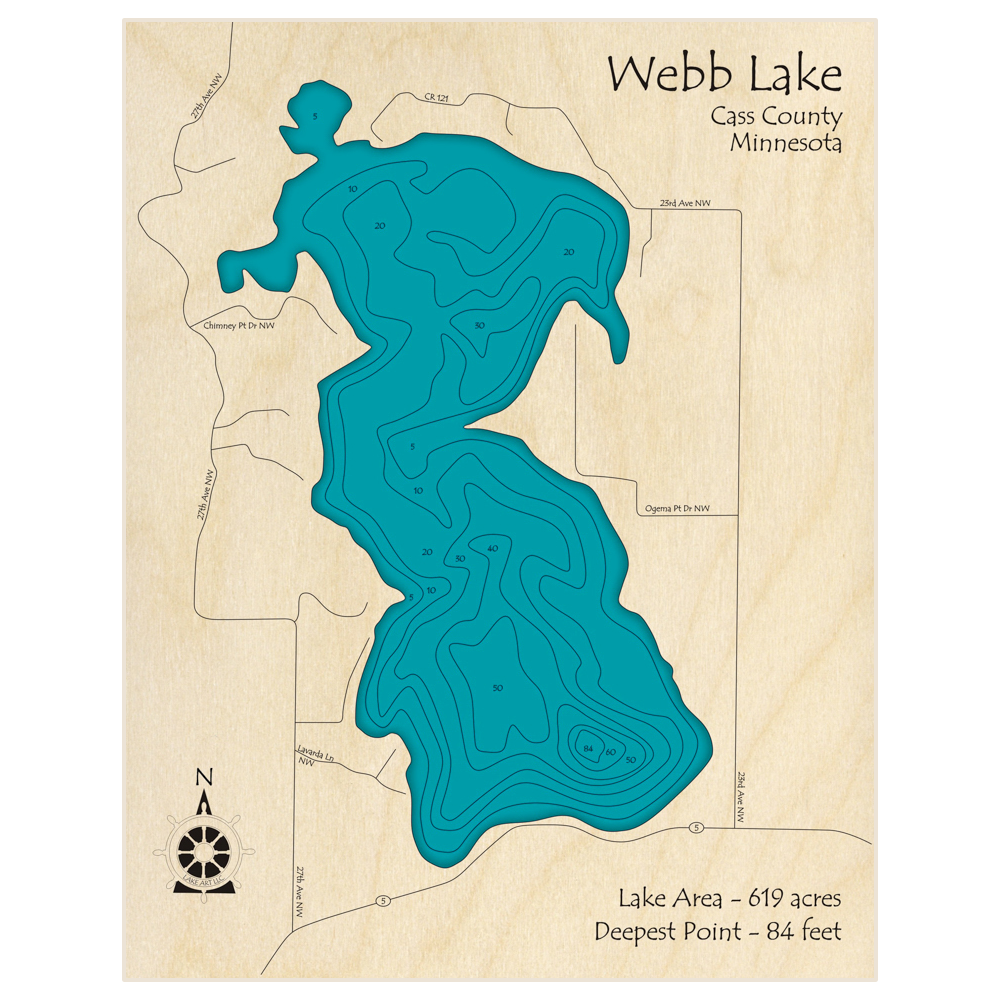 Bathymetric topo map of Webb Lake with roads, towns and depths noted in blue water