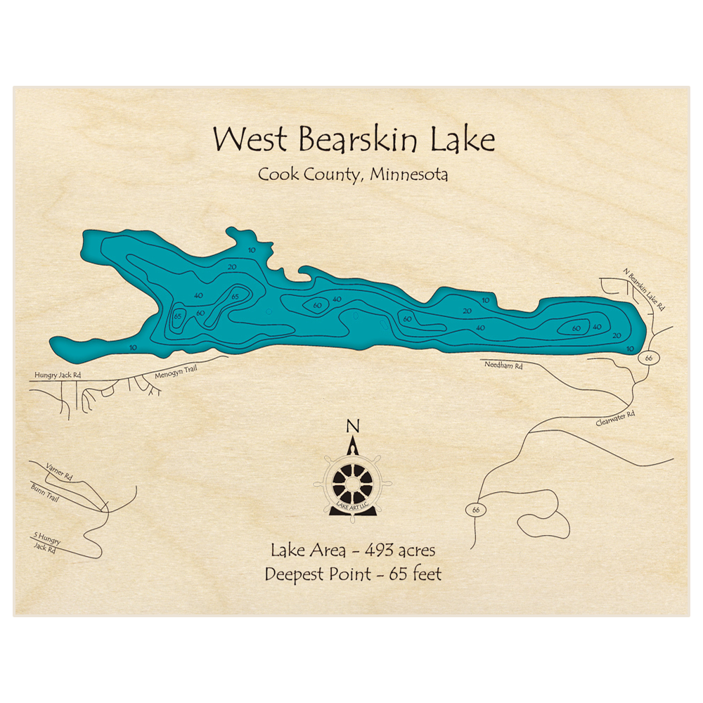 Bathymetric topo map of West Bearskin Lake with roads, towns and depths noted in blue water