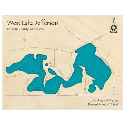 Bathymetric topo map of West Lake Jefferson with roads, towns and depths noted in blue water