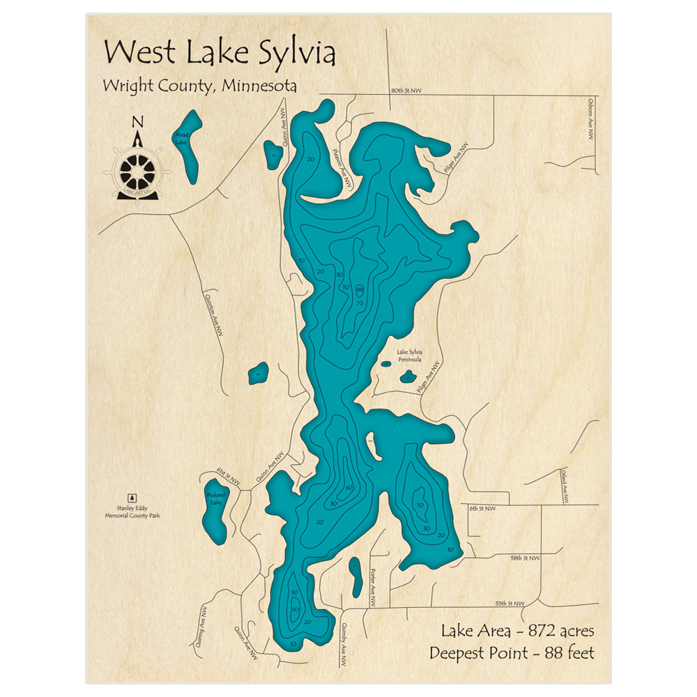 Bathymetric topo map of West Lake Sylvia  with roads, towns and depths noted in blue water