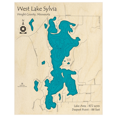 Bathymetric topo map of West Lake Sylvia  with roads, towns and depths noted in blue water