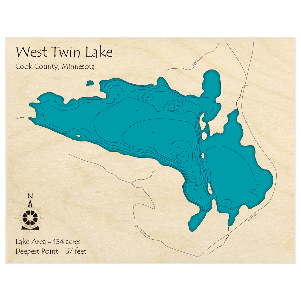 Bathymetric topo map of West Twin Lake with roads, towns and depths noted in blue water