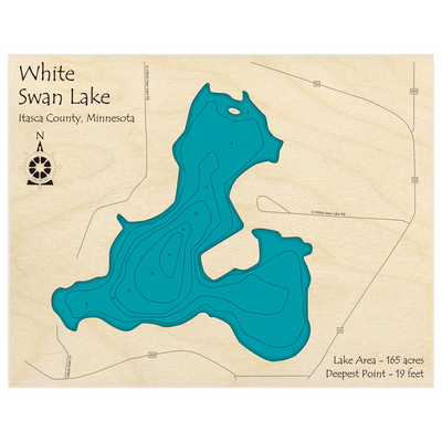 Bathymetric topo map of White Swan Lake with roads, towns and depths noted in blue water