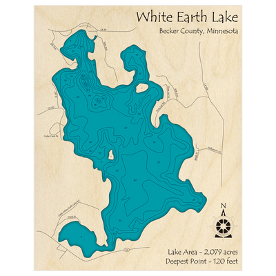 Bathymetric topo map of White Earth Lake with roads, towns and depths noted in blue water