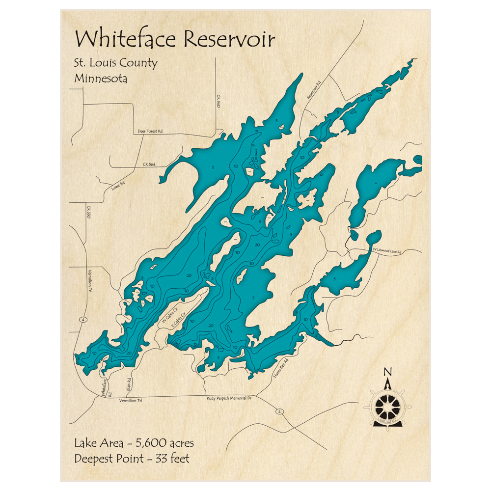 Bathymetric topo map of Whiteface Reservoir with roads, towns and depths noted in blue water