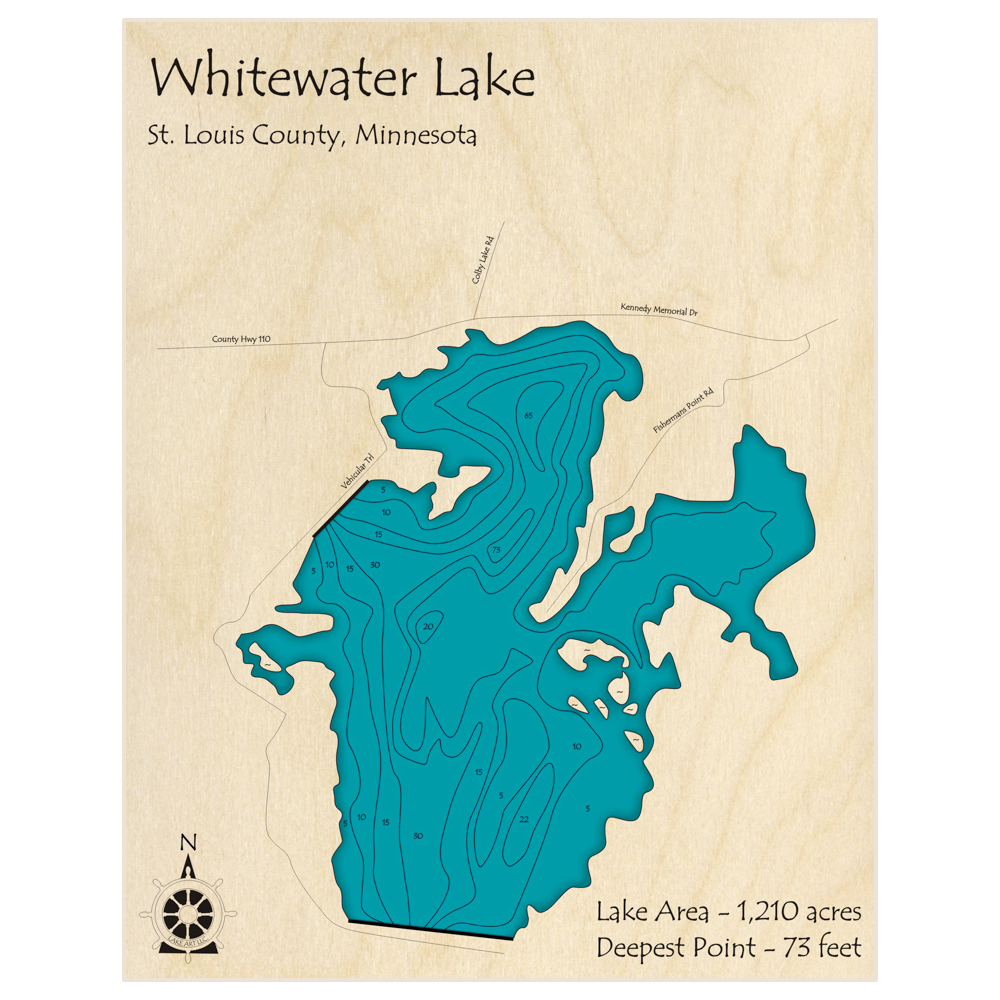 Bathymetric topo map of Whitewater Lake with roads, towns and depths noted in blue water