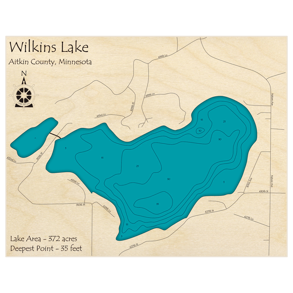 Bathymetric topo map of Wilkins Lake with roads, towns and depths noted in blue water