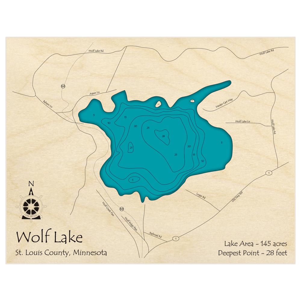 Bathymetric topo map of Wolf Lake with roads, towns and depths noted in blue water