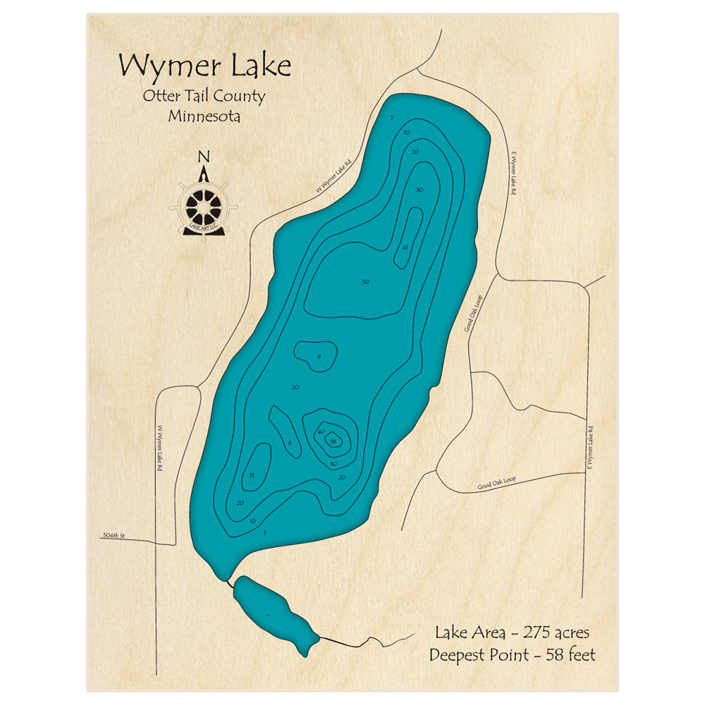 Bathymetric topo map of Wymer Lake with roads, towns and depths noted in blue water