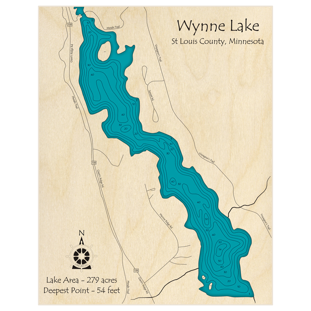 Bathymetric topo map of Wynne Lake (Southern Section Only) with roads, towns and depths noted in blue water