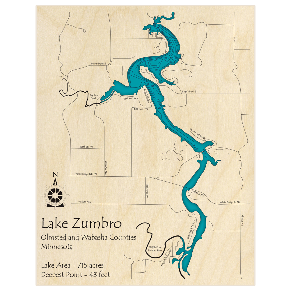 Bathymetric topo map of Lake Zumbro with roads, towns and depths noted in blue water