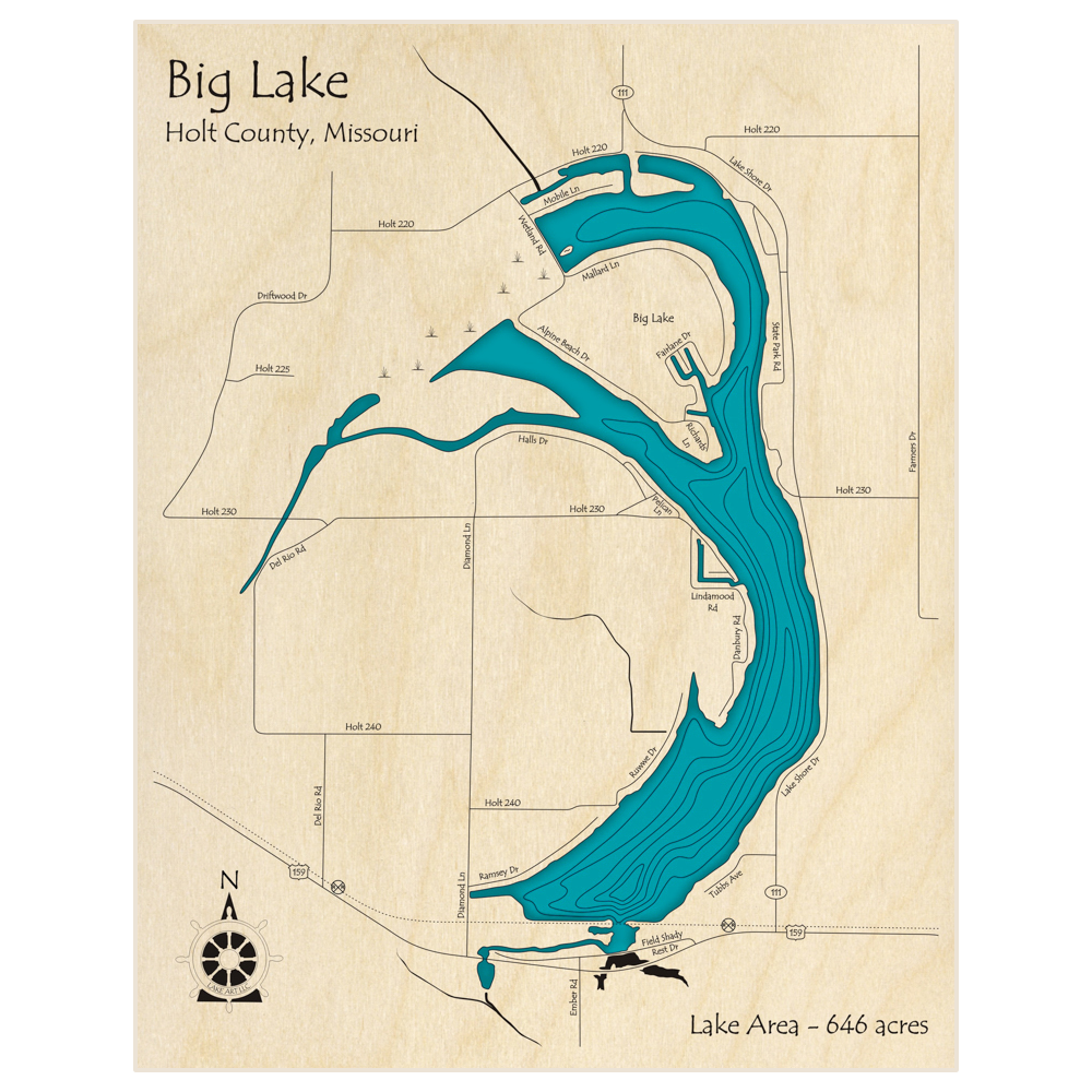 Bathymetric topo map of Big Lake  with roads, towns and depths noted in blue water