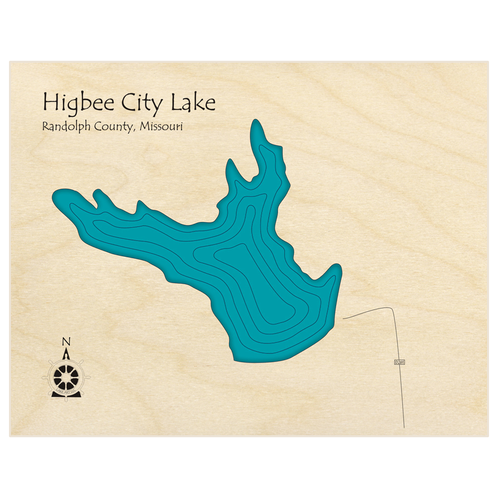 Bathymetric topo map of Higbee City Lake  with roads, towns and depths noted in blue water