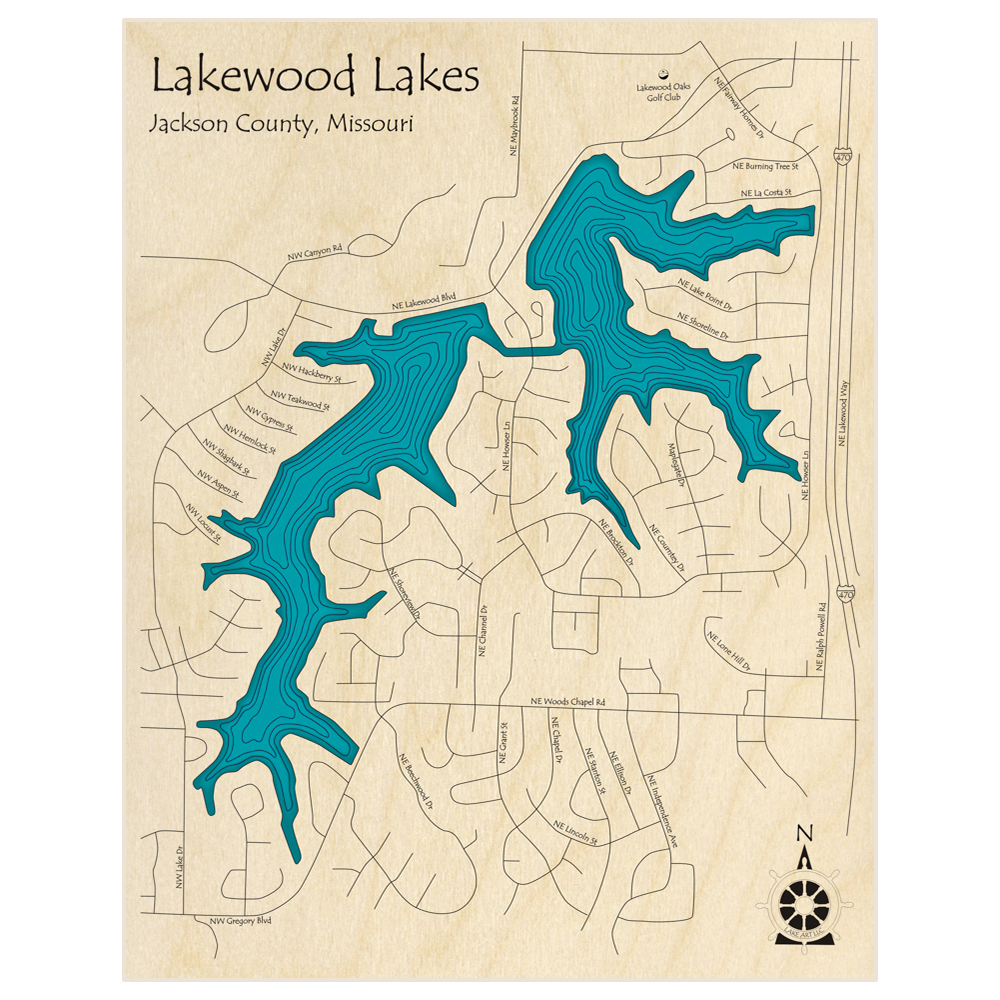 Bathymetric topo map of Lakewood Lakes  with roads, towns and depths noted in blue water