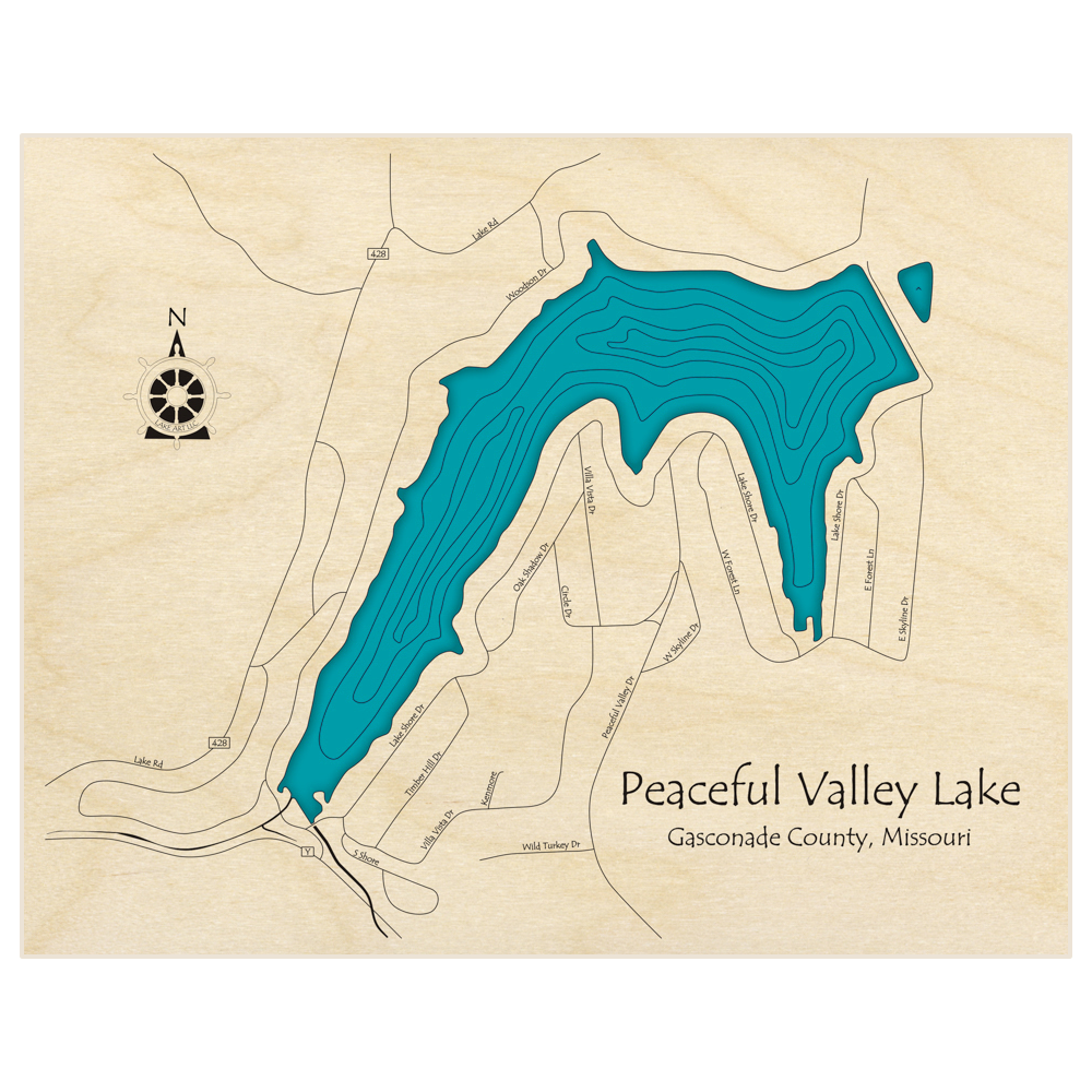 Bathymetric topo map of Peaceful Valley Lake  with roads, towns and depths noted in blue water