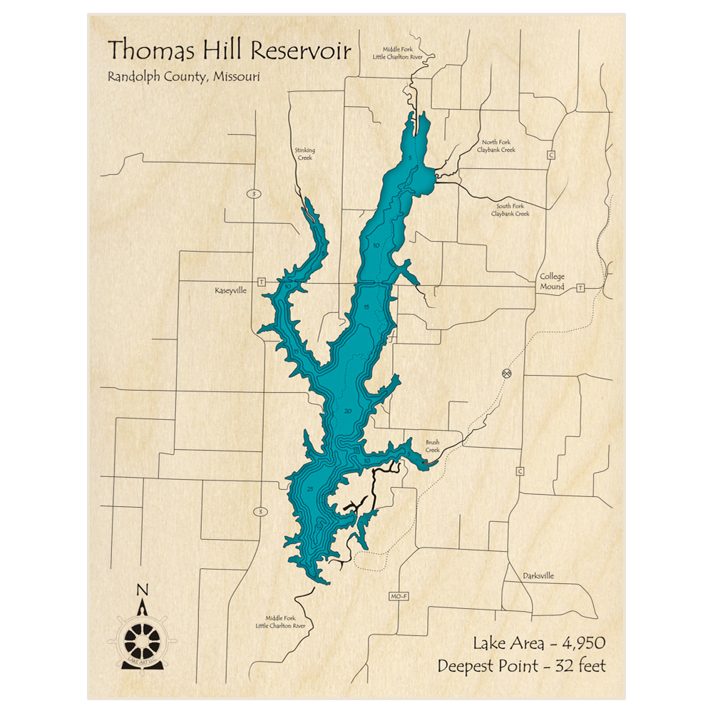 Bathymetric topo map of Thomas Hill Reservoir with roads, towns and depths noted in blue water